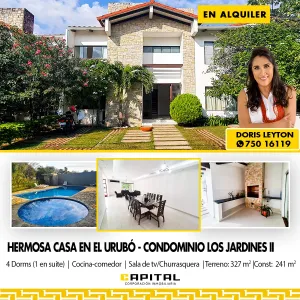 Amplia Casa En Alquiler En Condominio Jardines Del Urubo Ii