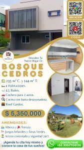 Casa con Roof Garden en Bosque Cedros, Tlajomulco. 235 Mts.