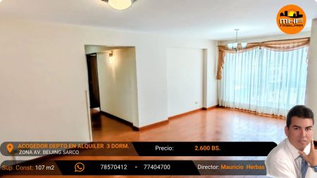 LINDO DEPTO EN ALQUILER 3 DORM. GARAJE BAULERA ÁREAS COMUNES AV. BEIJING SARCO