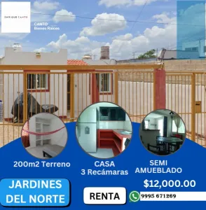 RENTA DE CASA SEMIAMUEBLADA EN JARDINES DEL NORTE EN MERIDA