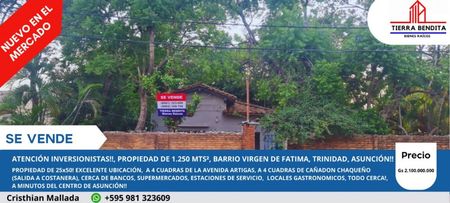 VENDO TERRENO EN ASUNCIÓN, PROPIEDAD DE 1.250 MTS², BARRIO VIRGEN DE FATIMA, TRINIDAD