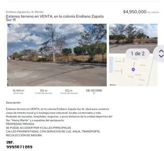 VENTA DE TERRENO EN LA COL. EMILIANO ZAPATA SUR  MERIDA