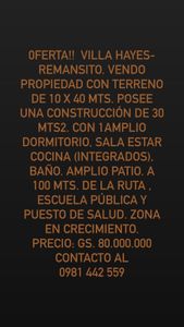 VILLA HAYES-REMANSITO. VENDO CASA A 100 METROS DE LA RUTA CERCANÍAS DE ESCUELA Y PUESTO DE SALUD.